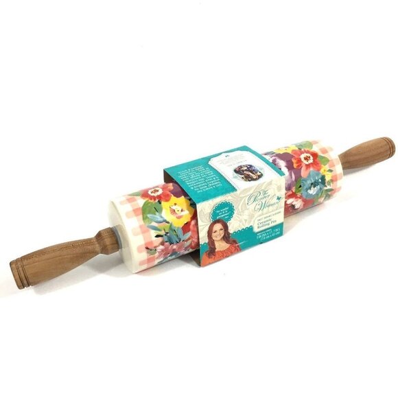 The Pioneer Woman Ceramic Rolling Pin Sweet Romance Blossom w/Acacia Handles NEW - Picture 3 of 12